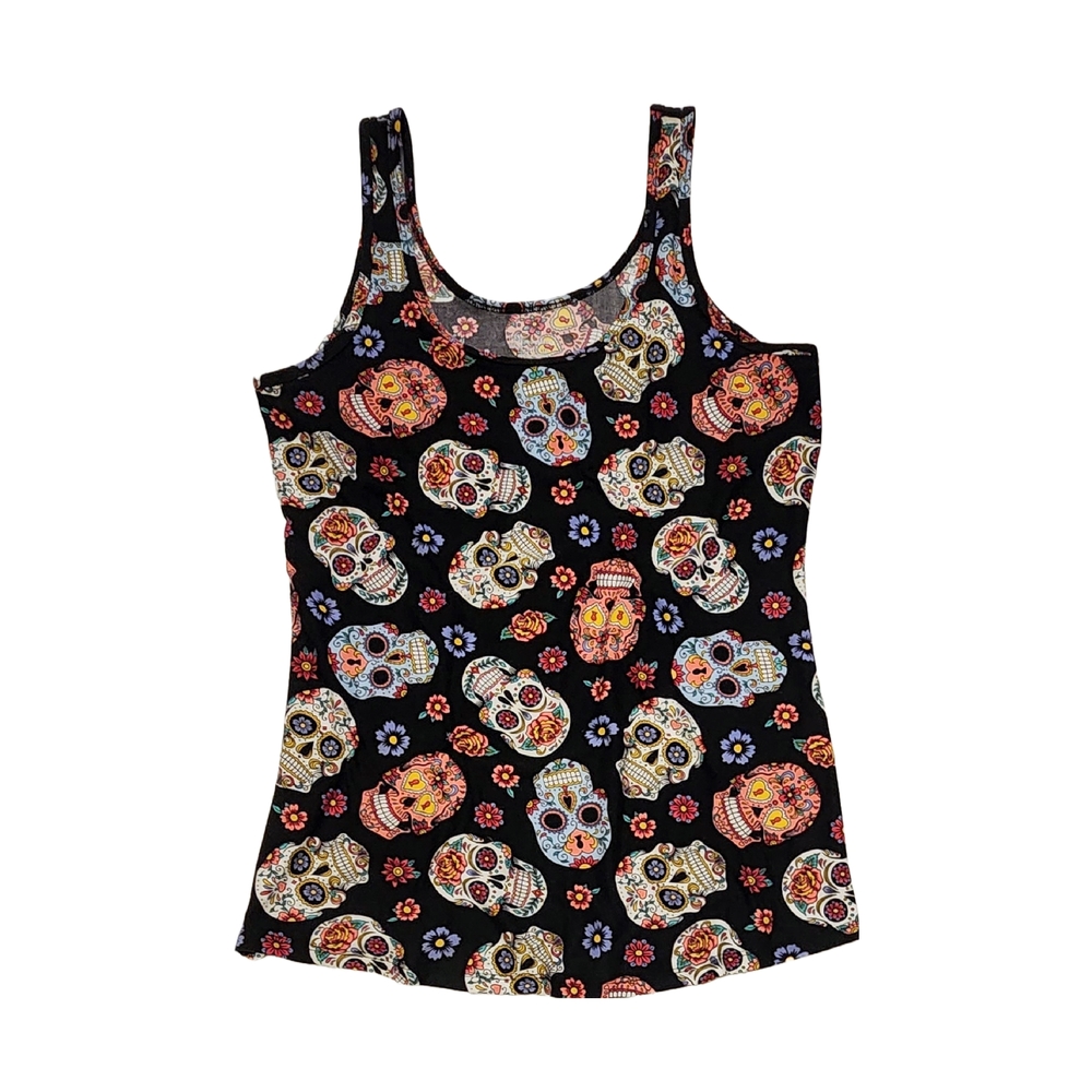 No Boundaries Multicolor Skull Print Tank Top Scoop Curved Hem